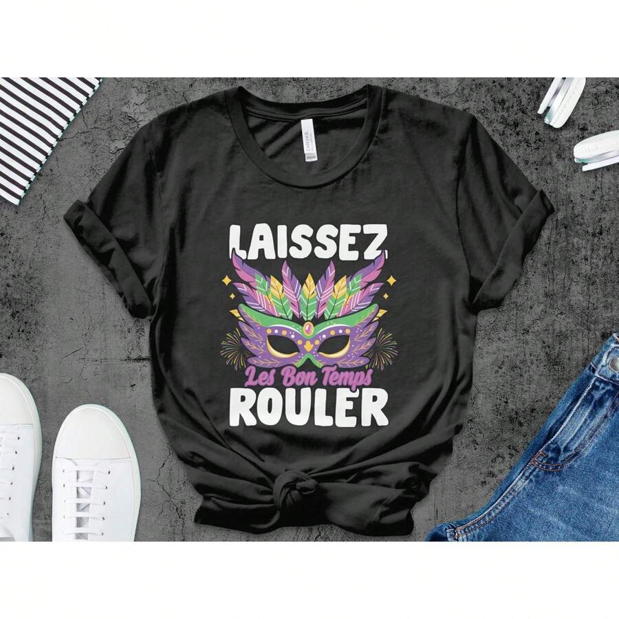 100% Cotton Mardi Gras T-Shirt, Laissez Les Bon Temps Rouler Tee, Mardi Gras Mask Shirt, Colorful Mardi Gras Party Shirt, Festival Graphic Tee For Women Versatile Breathable Slightly Soft Casual Stretched Graphic Comfortable Summer Streetwear Fashion Homme Top For Everyday Wear Designer Clothes