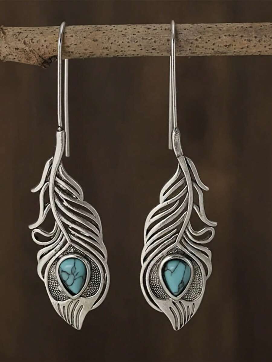 1 paire de boucles d'oreilles rétro créatives en forme de plume avec turquoise pour femmes