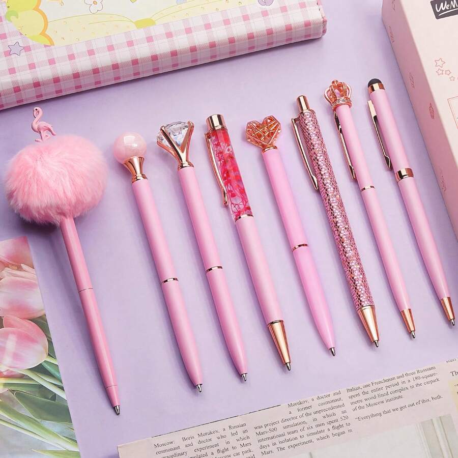 8Pcs Ballpoint Pens Set Metal Crystal Rhinestone Pen Glitter Pen For Journaling Purple Pens Bling In Black & Blue Ink Pretty Cute Pens Fancy Pens Gifts For Women Wedding School Office Desk Back To School