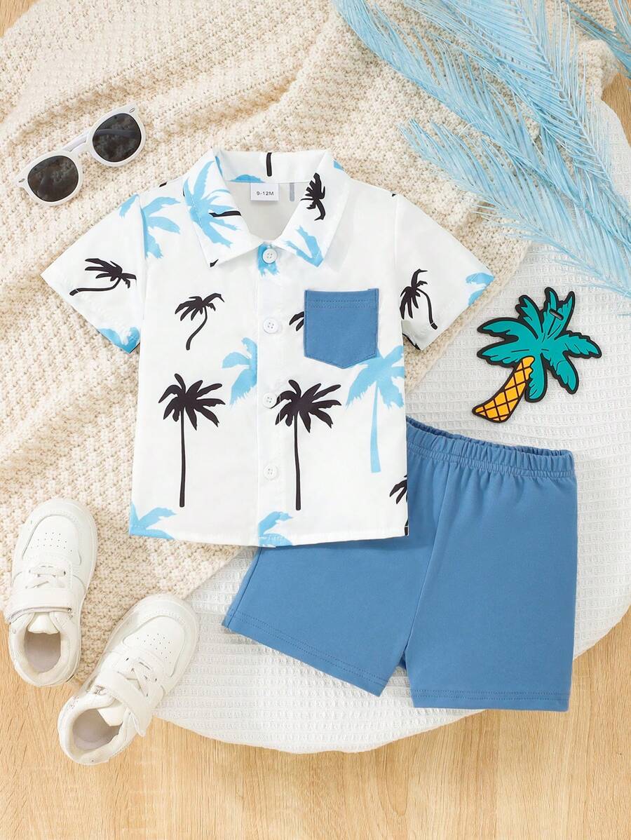 2 Pieces Baby Boy Coconut Tree Printed Short Sleeve Shirt & Solid Color Shorts Casual Fashion Outfit, Spring/Summer