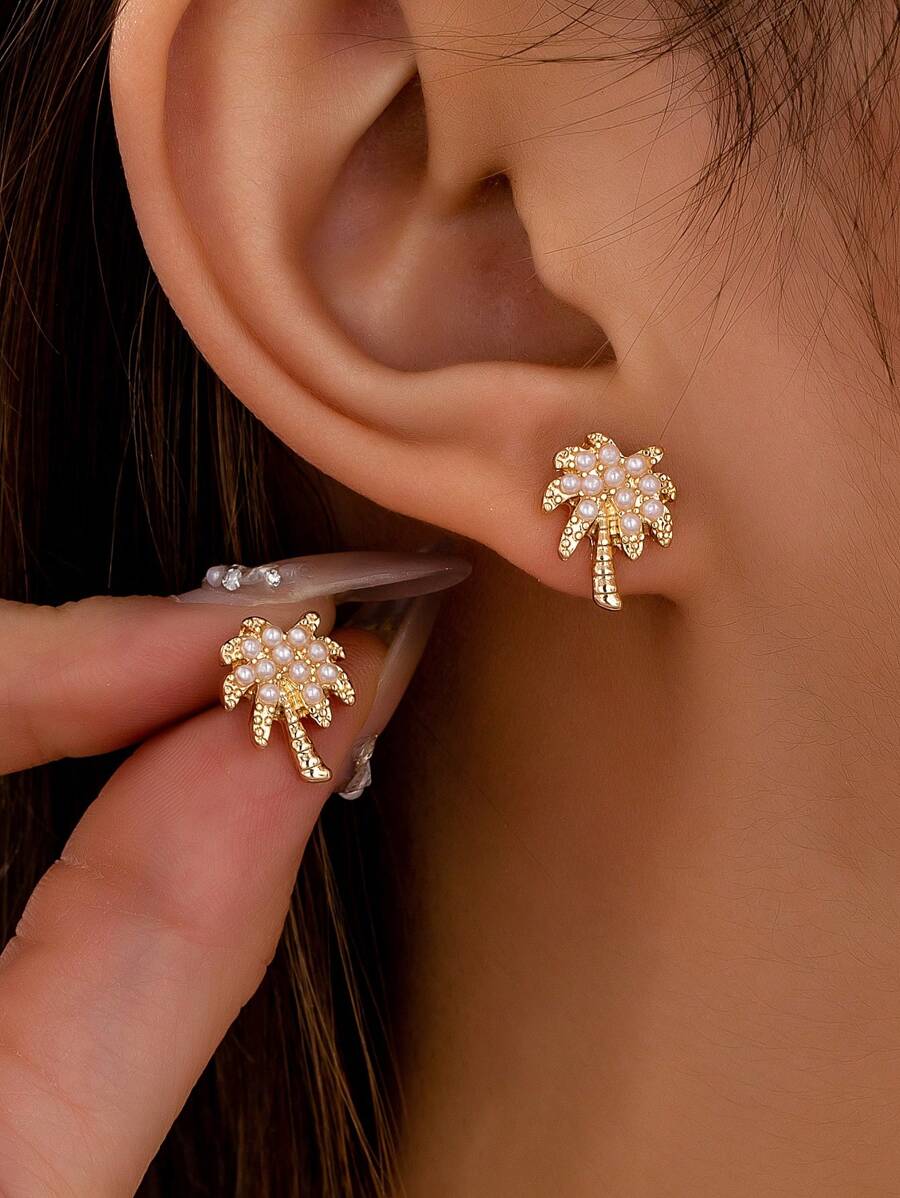 1 par de aretes tipo botón con diseño de árbol de coco tropical para mujeres, joyería de verano, vacaciones, playa y mar