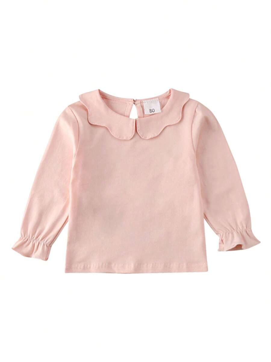 Toddler Baby Girls Casual Top, Kids Long Sleeve O-Neck Ruffle Solid Color Blouse