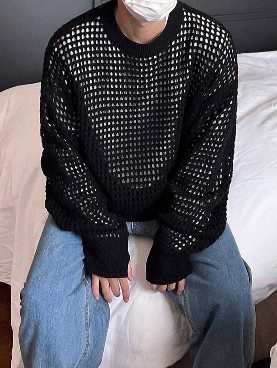Men's American Vintage Hollow-Out Pattern Sweater, Unisex Casual Loose Retro Knitted Top