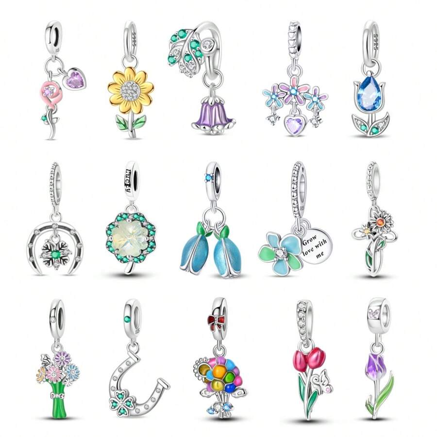 925 Sterling Silver Sunflower And Morning Glory Charm Tulip Daisy Charm Four Leaf Clover Charm Rose Charm Flower Charm Suitable For Women Bracelet Necklace DIY Jewelry Making Charm And Daily Clothing Matching Jewelry Decoration Suitable For Girls