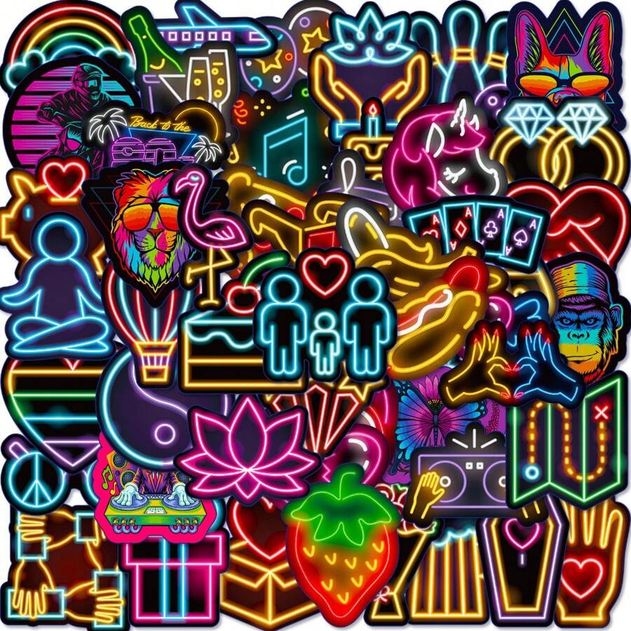 50 Stücke neon-farbene Comic Grafik Aufkleber für Auto, Computer, Skateboard, Gepäck Dekor