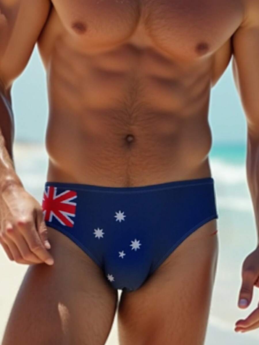 Fashion Men's Sexy Swimwear Briefs, Summer Beach Pool, Men's Quick Dry Flag Print Swimming Shorts, Swim Trunks, Men's Printed Bulge Triangle, Hawaiian