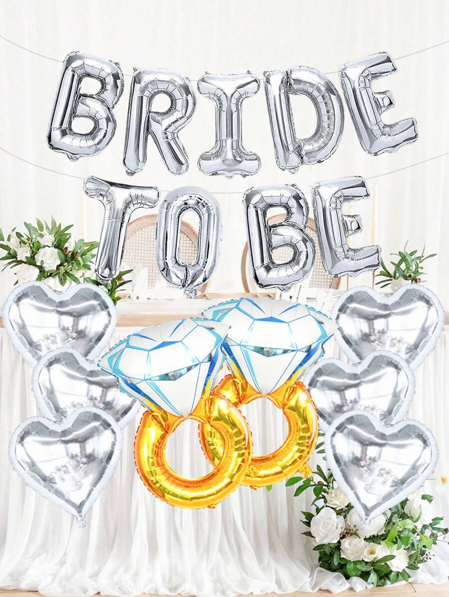 17pcs Silver Wedding Theme Balloon Set, Includes BRIDE TO BE Letter Balloons, 18inch Silver Heart And Golden Ring Balloons, Suitable For Engagement Party, Bridal Shower, Bachelorette Party, Home And Romantic Decor
