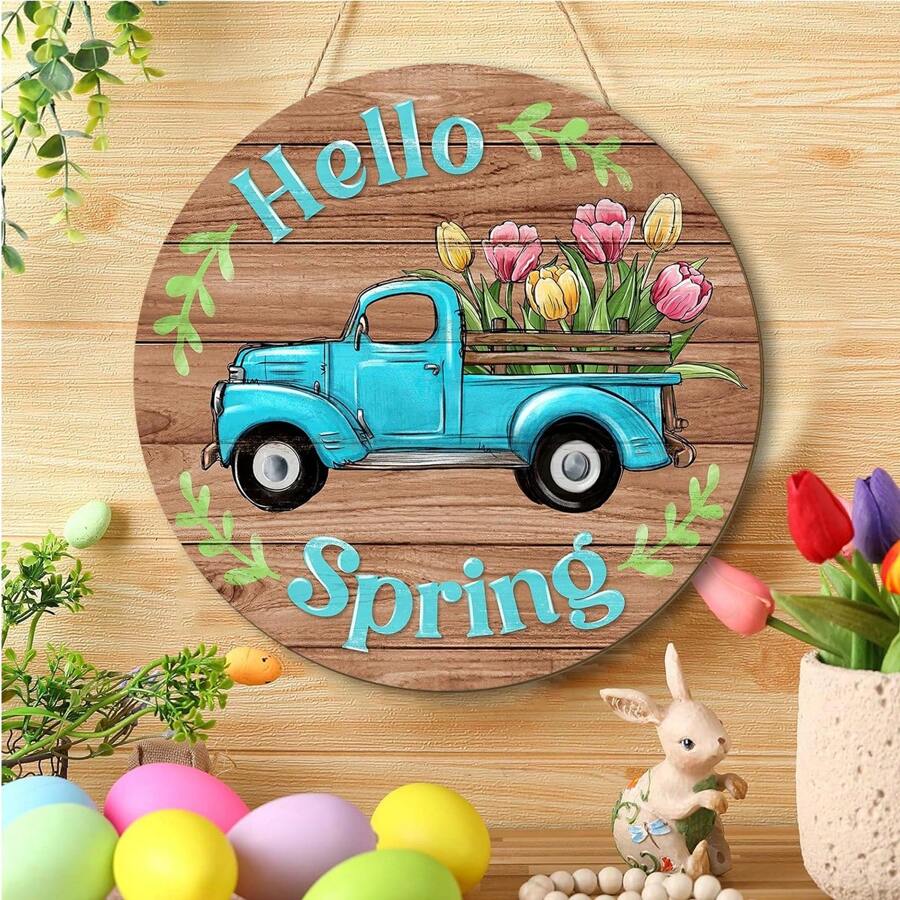 1Pc Welcome Spring Wooden Door Sign Flower Car Wall Hanging Sign For Spring Farmhouse Home Decor,Round Shape Spring Wood Wall Hanging Plaque Sign For Spring Season Theme Party Outdoor Indoor Decorations