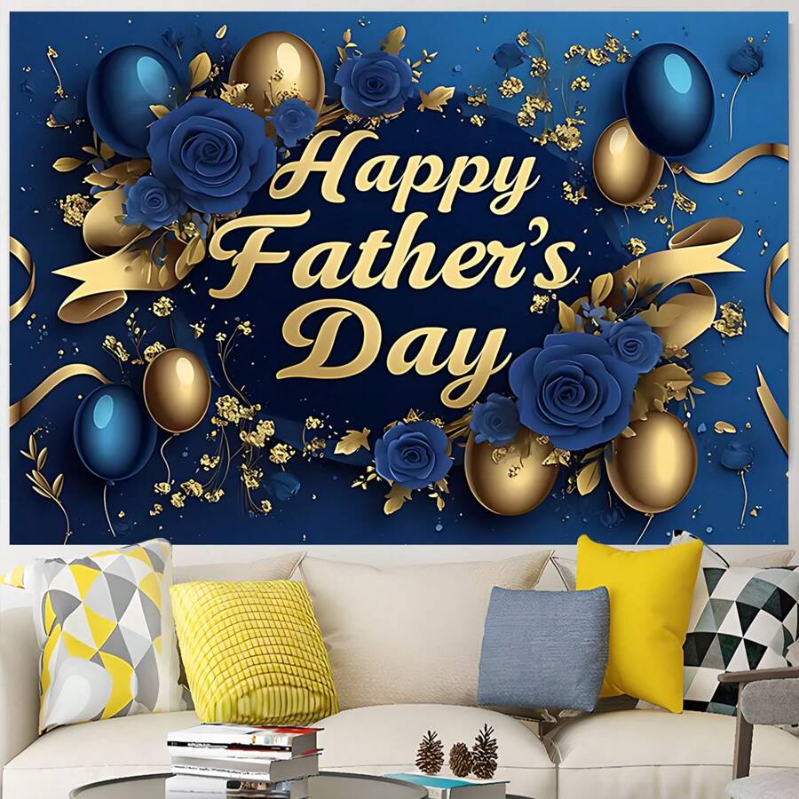 1pc Happy Father's Day Background Cloth, Polyester Luxurious Blue Rose & Balloon Design Banner, Suitable For Father's Day, Birthday Party Celebration Decoration, Multi-Size