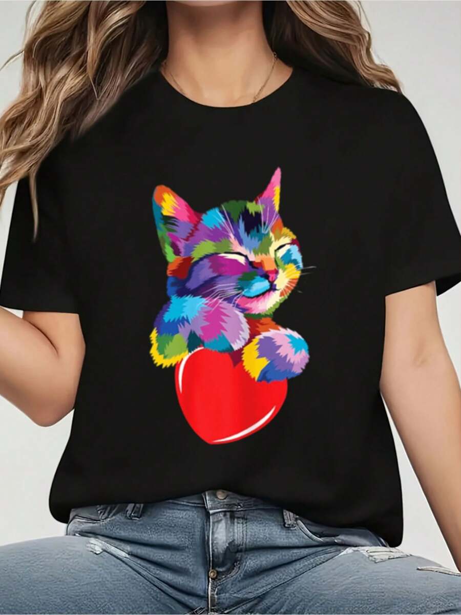 100% Cotton Rainbow Cute Cat Hugging Valentine Heart Fashion Loose Casual Sports Summer Crew Neck Short Sleeved Top Women's Tops