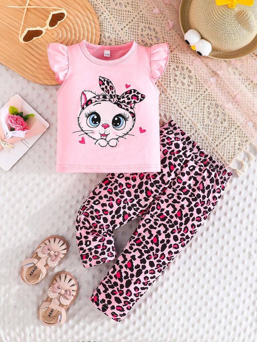 2 pièces/set Débardeur à manches courtes avec imprimé chat et cœur et pantalon imprimé léopard pour bébé fille, tenue d'été
