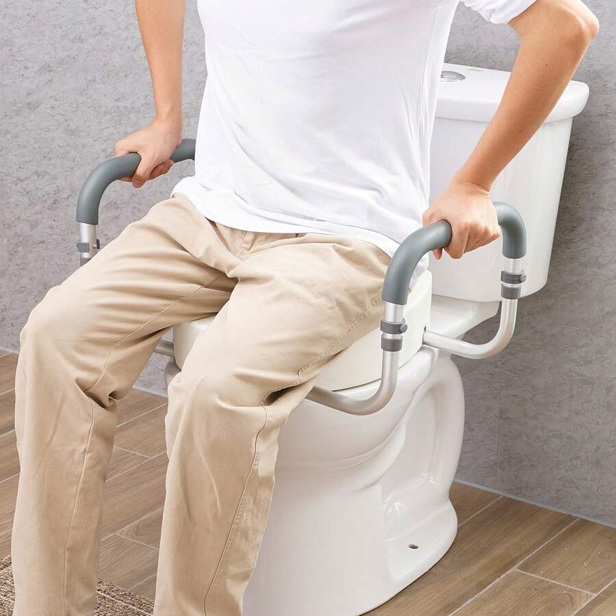 Raised Toilet Seat, 3.5"-5" Height Raised, 300/350 Lbs Weight Capacity, 19.1" - 25.2" Adjustable Width, For Standard Round Toilet, Aluminum Handrail, With EVA Armrest Padding, For Elderly, Handicap, Patient, Pregnant, Medical Bathroom Decor Summer