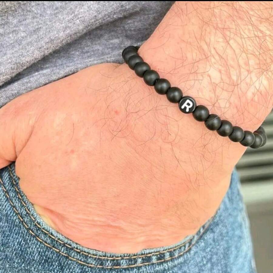 Pulseira Preta para Homens e Mulheres Bracelete com Inicial Miçangas Bolinhas Joias da Moda Presente Ideal