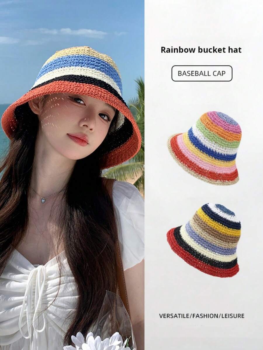 1pc Gestreepte Regenboog Bohemian Geweven Zonnehoed, Ademende UV-bescherming, Geschikt voor Buiten/Reizen/Strand, Modieus Accessoire & Geschenk, Ideaal voor Dagelijks Gebruik, Zomer