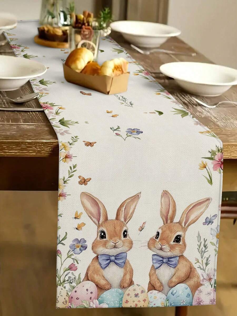 1pc Easter Table Runner, Easter Decorations Rabbit Floral Seasonal Spring Holiday Dining Table Decor, Easter Party Table Decor