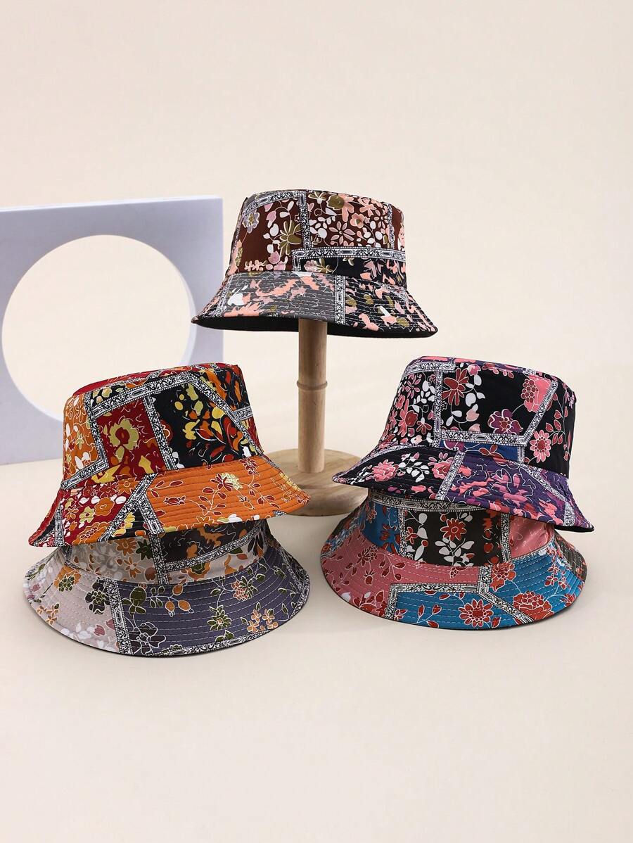 1pc Fashionable Floral Patchwork Contrast Color Elegant Versatile Sun Hat, Reversible Bucket Hat Design, Suitable For Outdoor Travel Men And Women