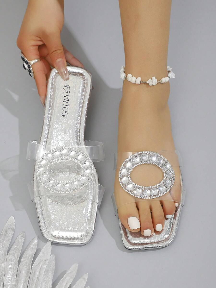 Women's Summer New Fully Rhinestone Crocodile Print Chunky Heel Sandals, Fashion Versatile Outdoor Beach Slippers