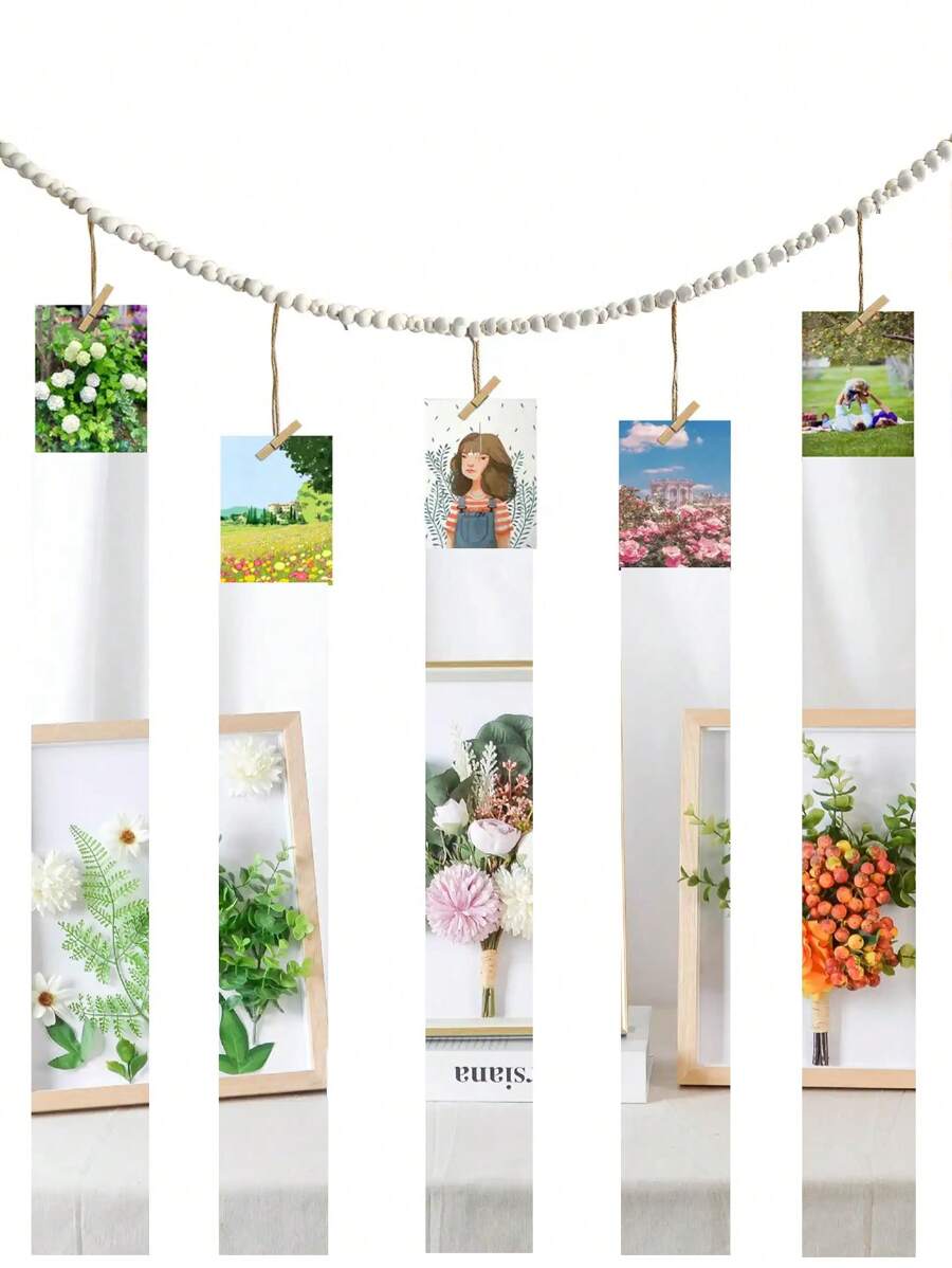1 pièce Cadre photo mural avec guirlande de perles en bois, cadre collage pour décoration murale style bohème, supports photo avec 7 pinces en bois, pour décoration rustique de campagne, maison, chambre d'enfant, décoration de dortoir