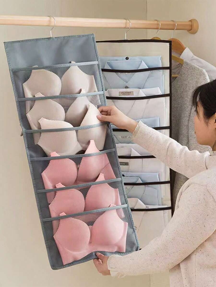 1pc Dual Sided Closet Hanging Organizer With Mesh Pockets, 6+18 Pockets, Dual Sided Hanging Pockets, Wardrobe Storage Bags, Oxford Cloth Space Saving Storage Bag For Bra Underwear Underpants Socks Reversible Underwear StorageHanging StorageHanging Bag, Socks, Underwear Storage, Home Wall, Wardrobe, Bra Storage