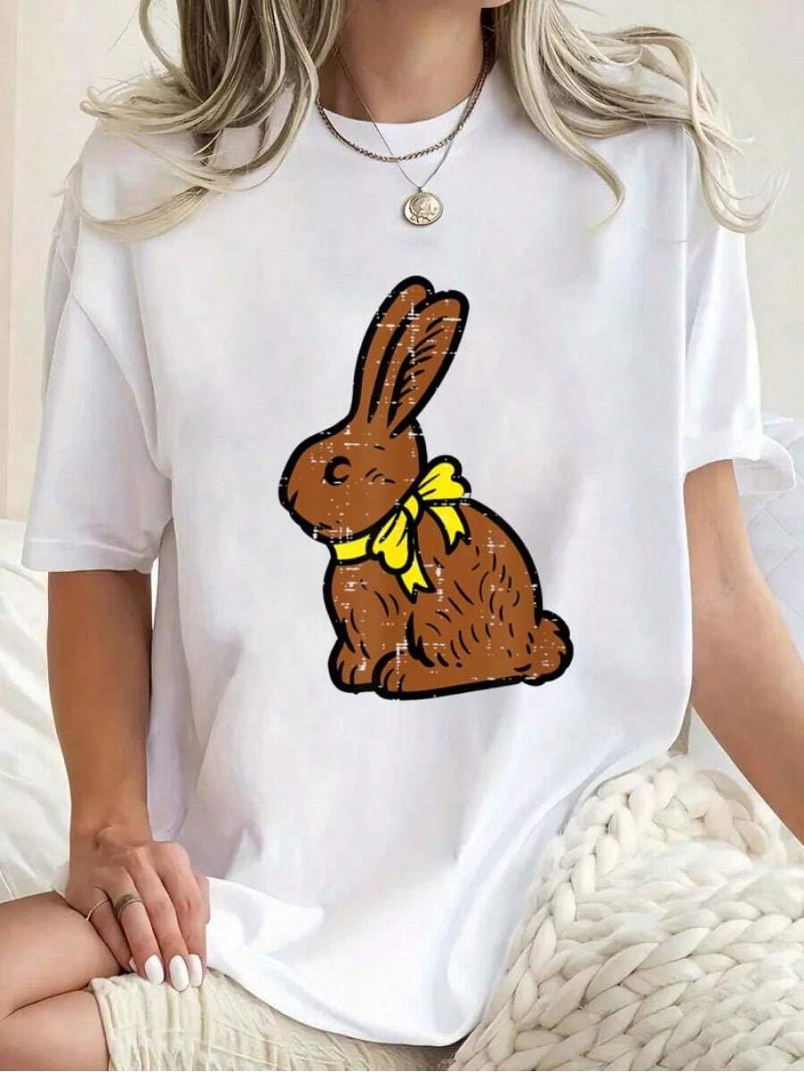 Chocolate Bunny Do You Want Piece Of Me Funny Easter Rabbit T-Shirt Print T-Shirt, Casual Crew Neck Short Sleeve Comfort Tee Top For Spring & Summer, Women'S Clothing