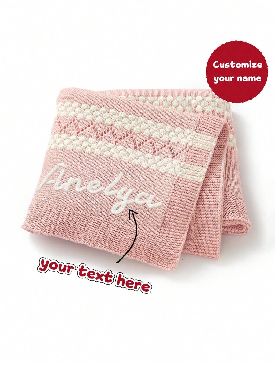 1pc Customizable Name Embroidered Handmade Knit Baby Blanket, Casual Minimalist Cozy Infant Swaddle Stroller Blanket, All Season,Multi-Functional,Ornamental,Letter,Stylish,Modern,Colorful,Cute,Adorable,Casual,Custom,Personalised,Unique,Customized,Ideal Gifts For Him,Ideal Gifts For Her,Son,Daughter