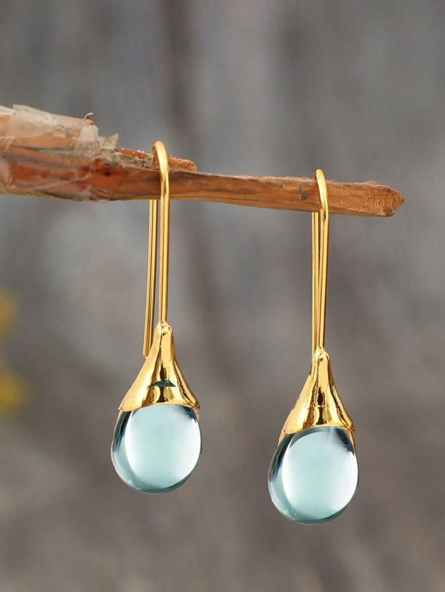 1 paire de boucles d'oreilles dormeuses de mode avec pierre de l'œil de chat incrusté, options multicolores, boucles d'oreilles métal à goutte d'eau de mode personnalisées pour femmes