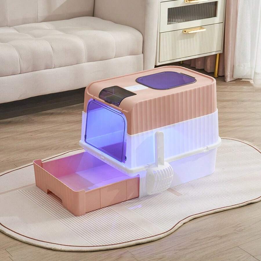 Bac à Litière pour Chat, Maison de Toilette pour Chat Fermé, Stérilisation et Désodorisation aux Ultraviolets, Rose/Noir/Gris