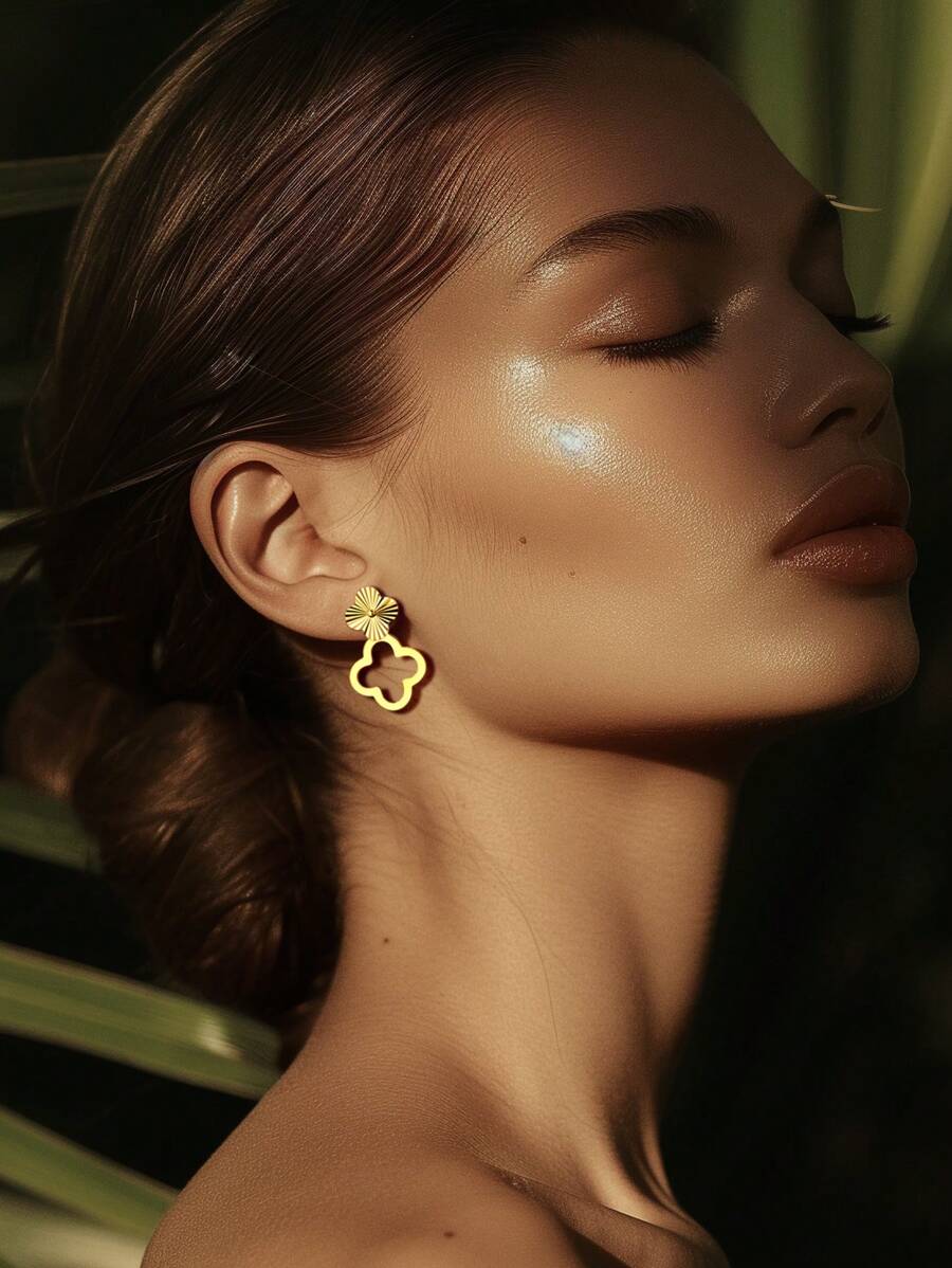 1Pair Elegant 925 Silver CNC Craft Double Different Design Four Leaf Clover 18K Gold Plated Women Earrings Stud Suitable For Ladies's Daily Wear And Birthday's Gifts Valentines