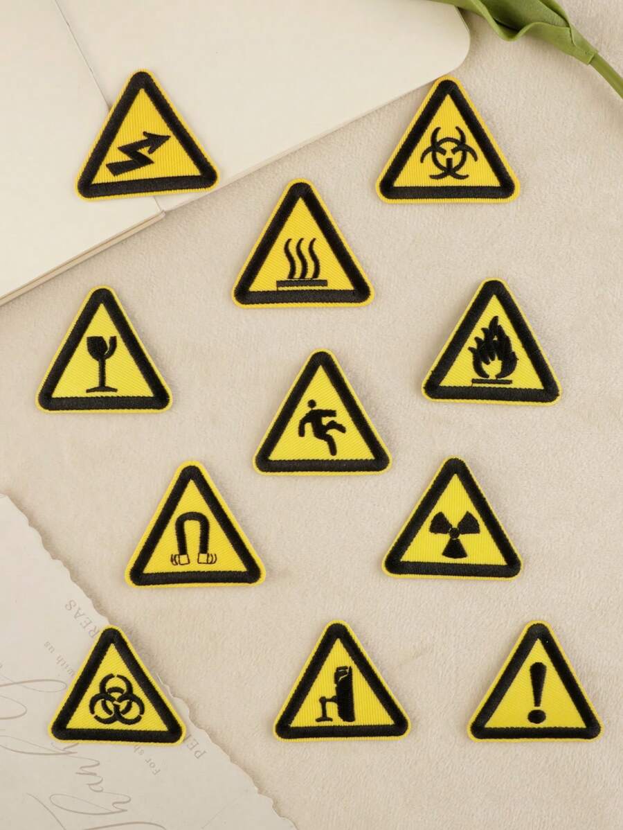 3 szt./zestaw trójkątny żółty wzór ostrzegawczy znak DIY naszywki z tkaniny, modny minimalistyczny i zabawny styl, wykonane z poliestru, do prasowania i szycia, do stosowania na ubraniach, torbach, butach, czapkach, wystroju wnętrz