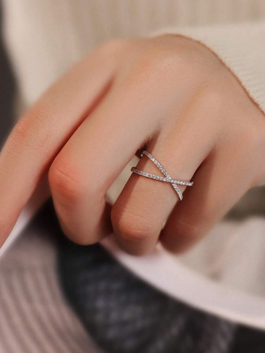 1pc S925 Sterling Silver Cross Design Synthetic Cubic Zirconia Ring, Fashion & Elegant Lady Daily Wear Quality Jewelry