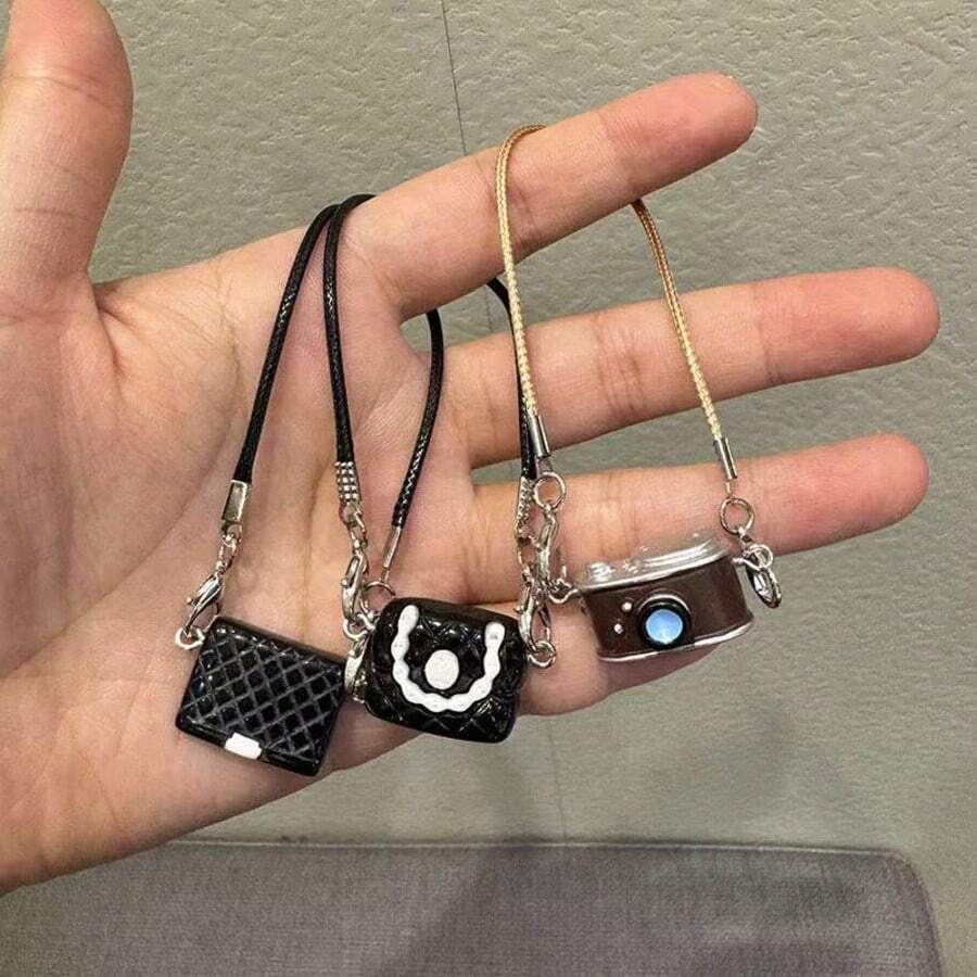 Ciondolo e decorazione per casa delle bambole, modello in miniatura di borsa a bianco e nero con camelie