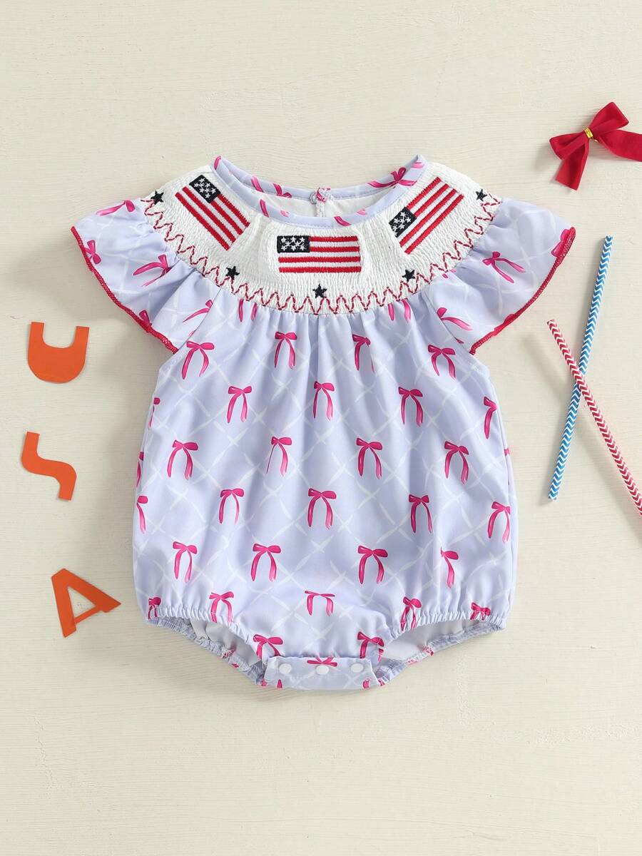Baby Girl Patriotic Romper Casual Plaid Print Flag Embroidery Summer Fly Sleeves Jumpsuit For Newborn Cute Clothes