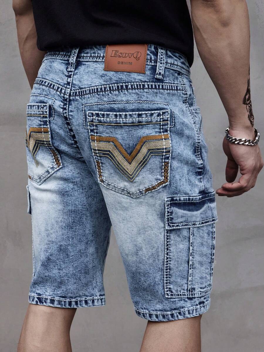 ESDVQ Men's Multi-Pocket Denim Shorts, Elastic Embroidered Cargo Bermuda Shorts Jorts