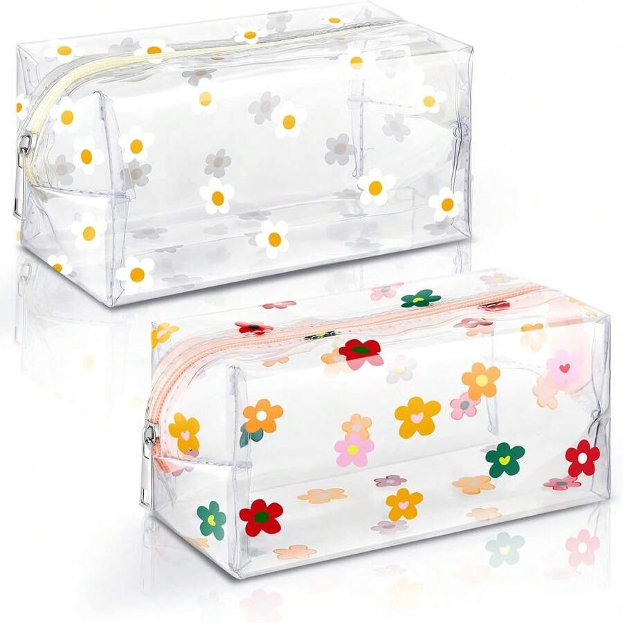 3 piezas Bolsa de maquillaje floral linda e impermeable, estuche de tocador floral refrescante de verano para organización de cosméticos, almacenamiento de útiles escolares, accesorios de baño, bolsa con cremallera con estampado de margaritas, organizador de baño de viaje portátil para mujeres