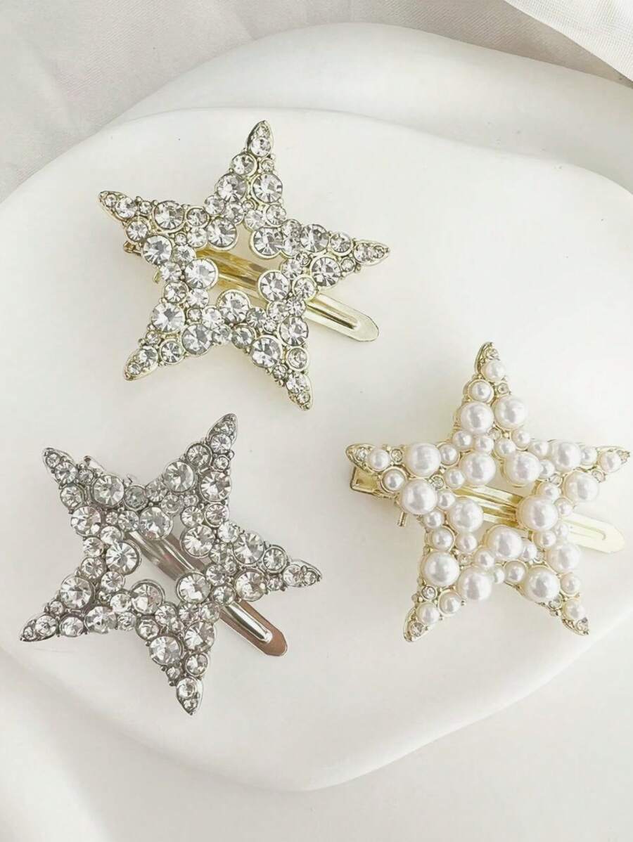 1pc Girls' Fashionable Rhinestone Alloy Five-Pointed Star Alligator Hair Clip