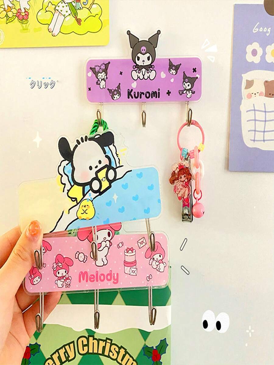 Sanrio 3-Hook Cute Cartoon Sticky Wall Hooks, Strong Damage-Free Hanger For Student Desk, Bathroom, Refrigerator, Dormitory