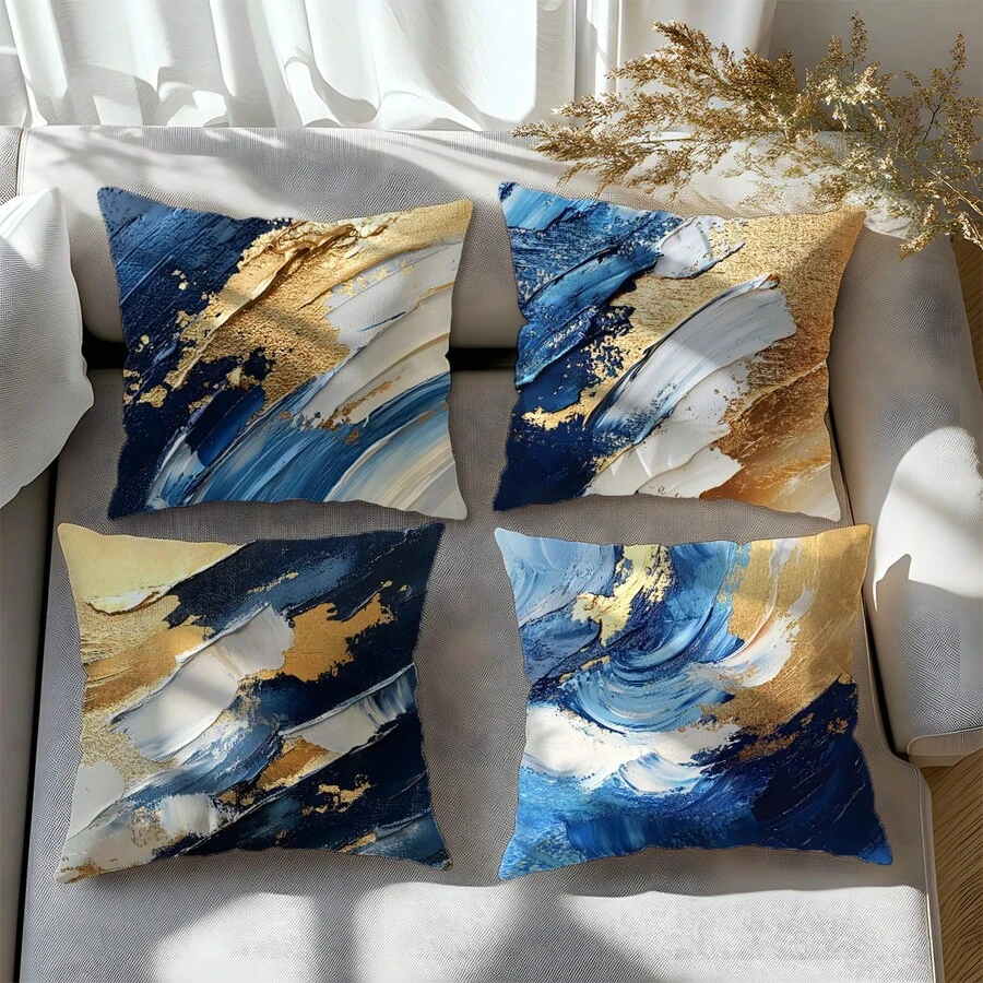 4 stuks blauw, wit en gouden abstracte schilderij illustratie patroon decoratieve kussensloop set, zachte perzikhuid pluche stof, enkelzijdige print 45*45cm, geschikt voor woonkamer, slaapkamer, bank, cadeau