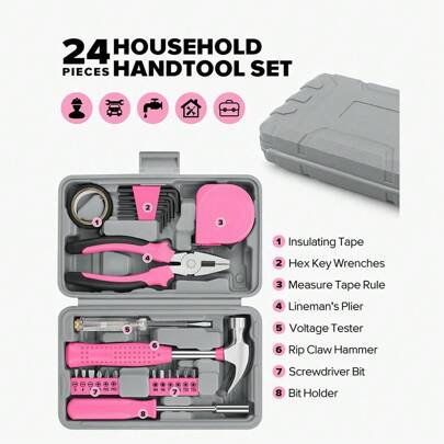 Tool Set 24pc Pink Household DIY Tool Kit For Women. Small Mini Tool Box Set Of Starter Basic Ladies Tools