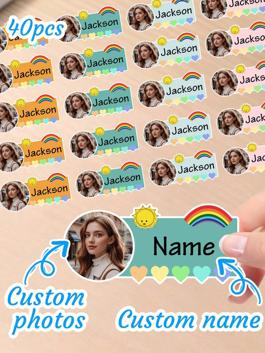 40-400 pièces Autocollants personnalisés avec photo/nom pour enfants, autocollants personnalisés avec motif arc-en-ciel, autocollants avec photo et nom personnalisés découpés, autocollants vinyle imperméables personnalisables, 4x2cm, autocollants pour vêtements, pour ordinateur portable, bouteille d'eau, étui de téléphone, marchandises, décoration