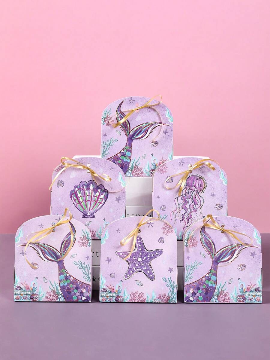 6pcs Mermaid Theme Gift Box Candy Bag With Ribbon,Mermaid Tail Design Storage Box,Biscuit Baking Box,Wedding Birthday Decoration,Babyshower Decor,Birthday Party Supplies,Under The Sea Party Decor,Goodie Bags Packaging,Mermaid Party Decor,Party Favor,Gift For Guests