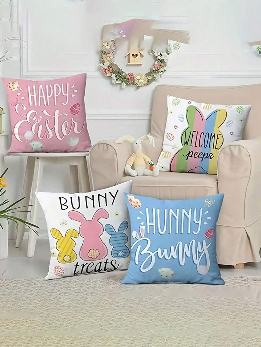 1 st/4 st Paashaas Kussenhoezen - Vakantie Zacht & Speels Ontwerp, 100% Polyester, Rits, Machinewasbaar, 18x18 Inch - Ideaal Voor Bank, Slaapkamer, Woonkamer Decor, Geen Inzetstuk, Schattig Kussen