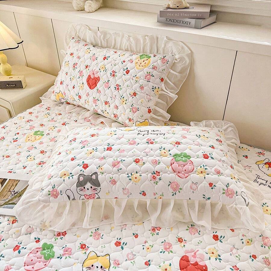 2 pezzi di federe con motivo a fiori trapuntato, set di federe con volant floreali spessi, lavabili, adatti per uso domestico e in dormitorio in tutte le stagioni