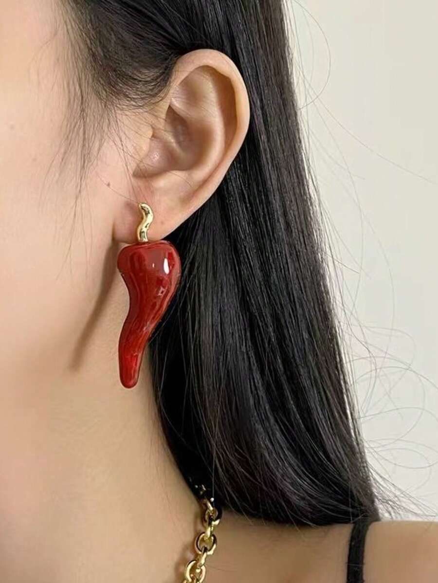 1 Pair Unique Eccentric Red Chili Pepper Dangle Earrings, Fashion Statement Jewelry