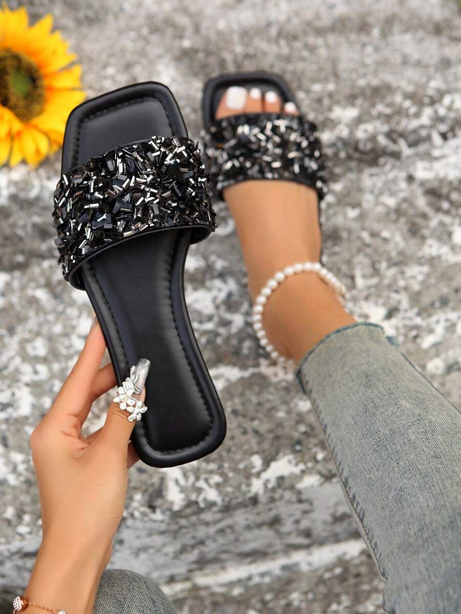 Pearl & Rhinestone Embellished Women's Open Toe Slip On Sandals, French & Korean Style, Plus Size 41-42-43, Lightweight Luxury, Suitable For Summer Beach Holiday