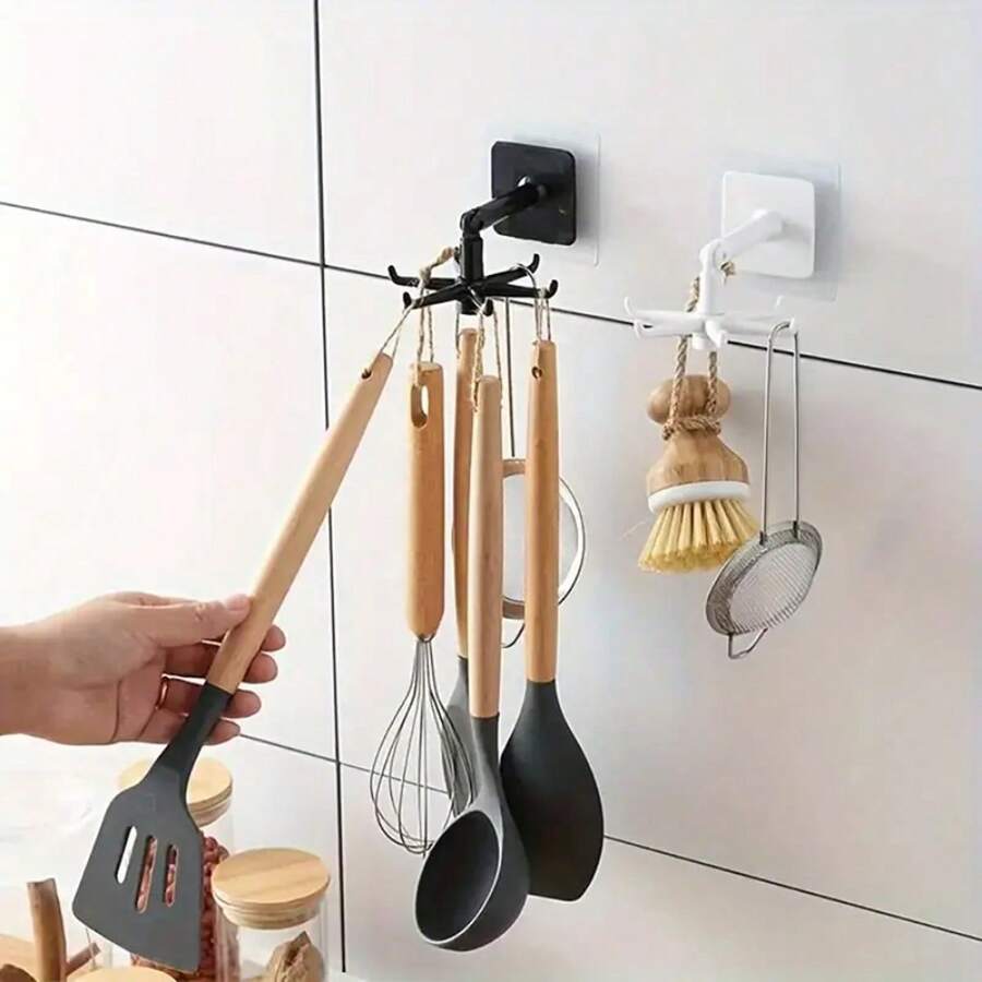 1 pieza Soporte giratorio de 360° para ollas y sartenes de fácil instalación - Sin necesidad de taladrar, montado en la pared, estante de almacenamiento en techo circular expandible de plástico negro para utensilios de cocina, cucharas, espumaderas y talla grande.