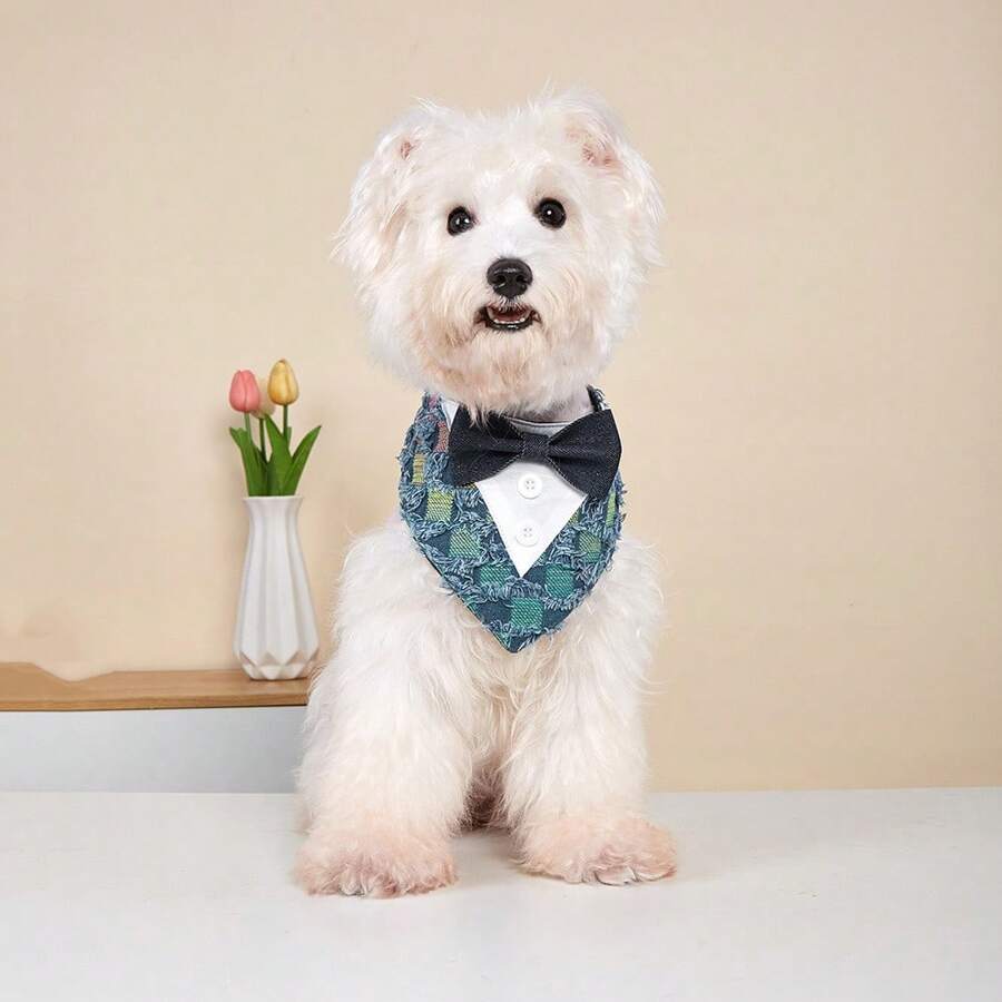 1pc Pet Accessories, Denim Casual Tassel Bow Tie Pet Party Decoration Bib/Triangle Scarf