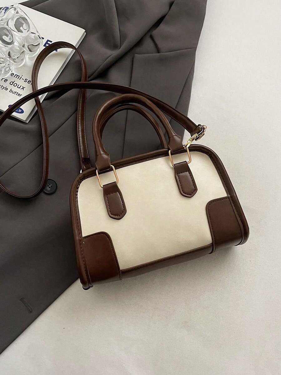 Retro bicolor Boston-stijl kussen handtas, dames schoudertas, vintage bowlingtas stijl, mode forenzentas 2025 nieuw