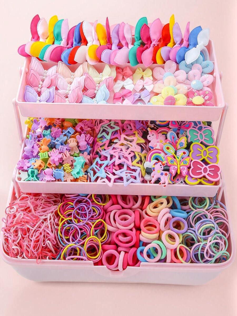 890pcs/Set Kids Pink Heart & Bowknot Elastic Hairbands, Hair Clips, Scrunchies, Princess Hair Accessories, Daily Use & Gift