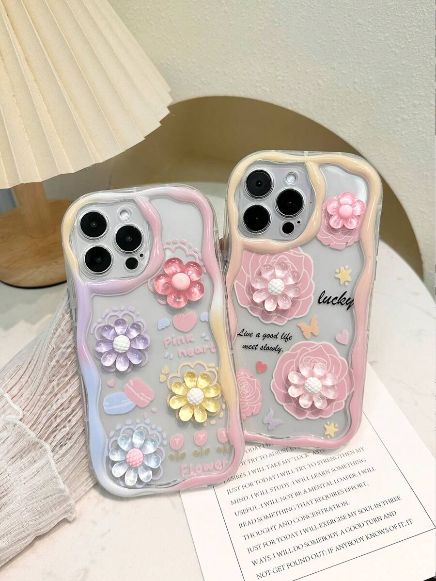 2 stuks DIY crème patroon golvende rand vernis schilderij extra bedrukte cartoon 3D bloem strik beschermhoes, compatibel met iPhone, Galaxy, Redmi