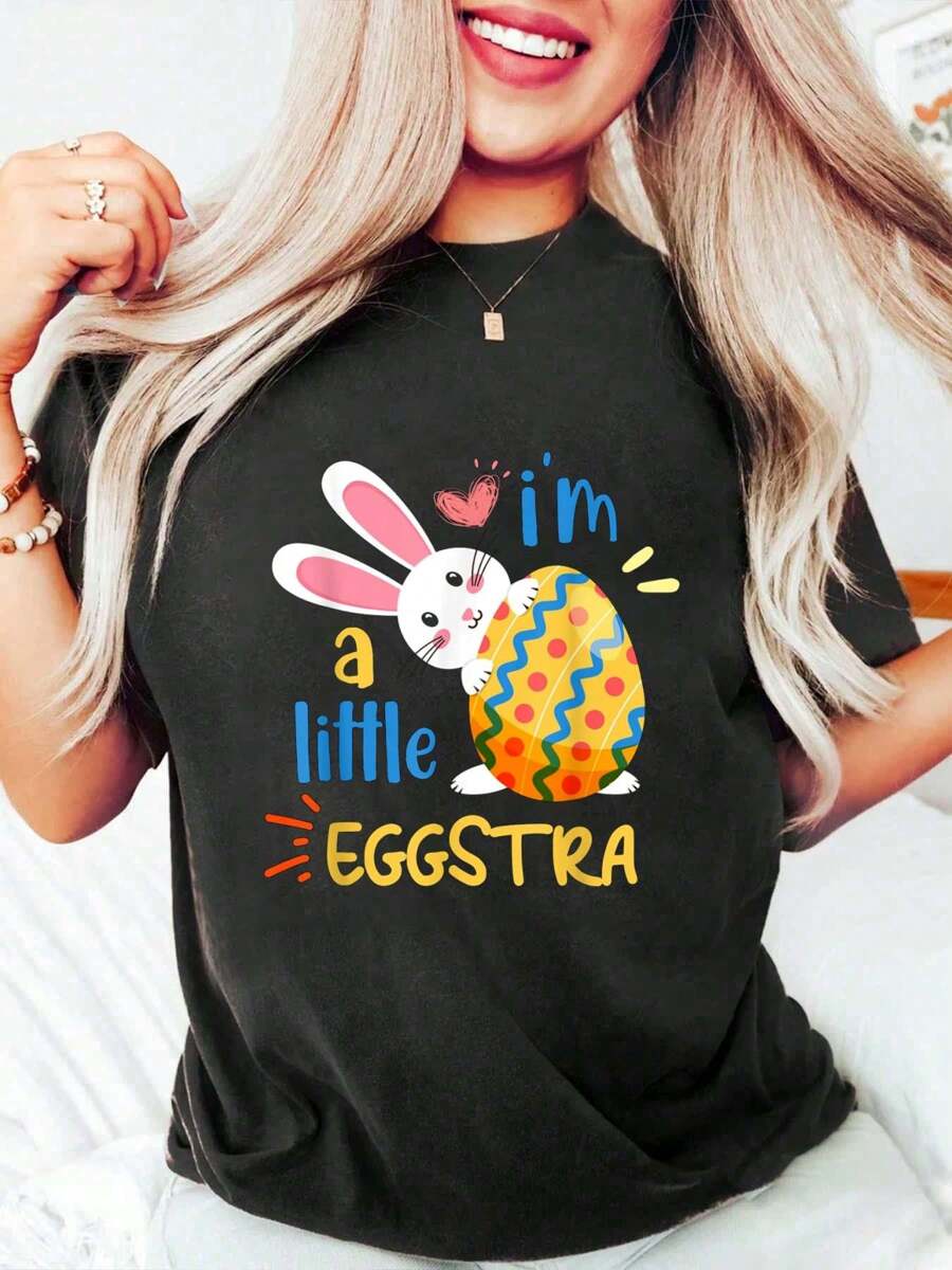 I'm A Little Eggstra Cute Easter Bunny Vintage Happy Easter T-Shirt Casual Printed Women T Shirt Cotton Summer Short Sleeve Graphic Tee Women Tops